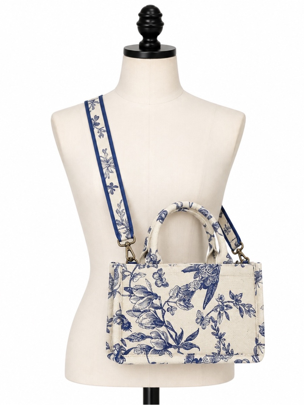 Shiraleah Chicago Floral Print Canvas Crossbody Tote - Blue on Cream